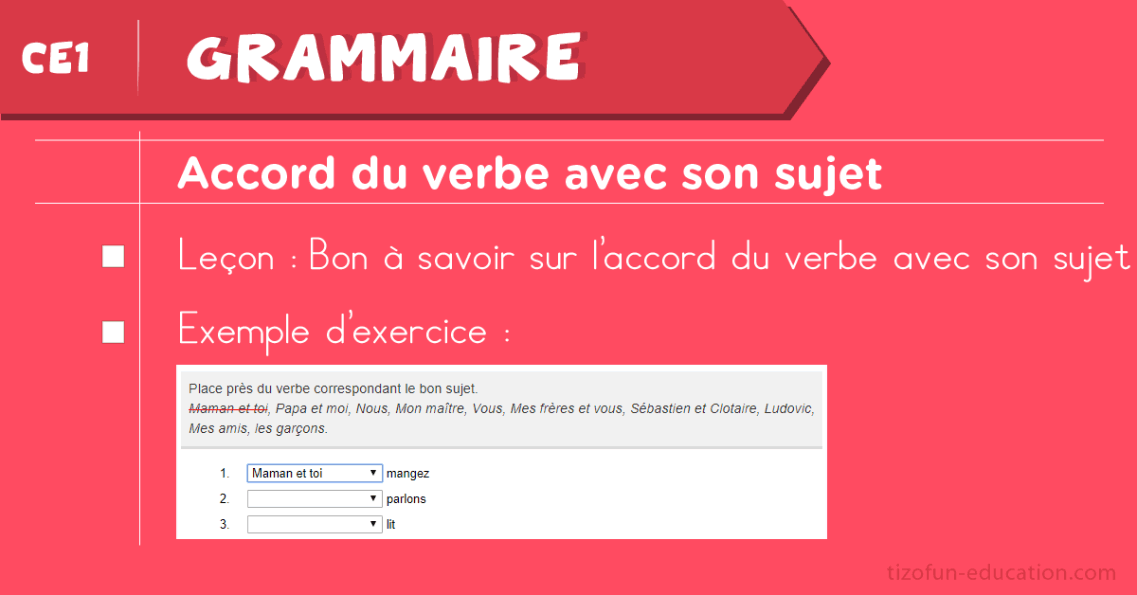 Leçon et Exercices sur l’accord du Verbe avec son Sujet au CE1 - Grammaire CE1