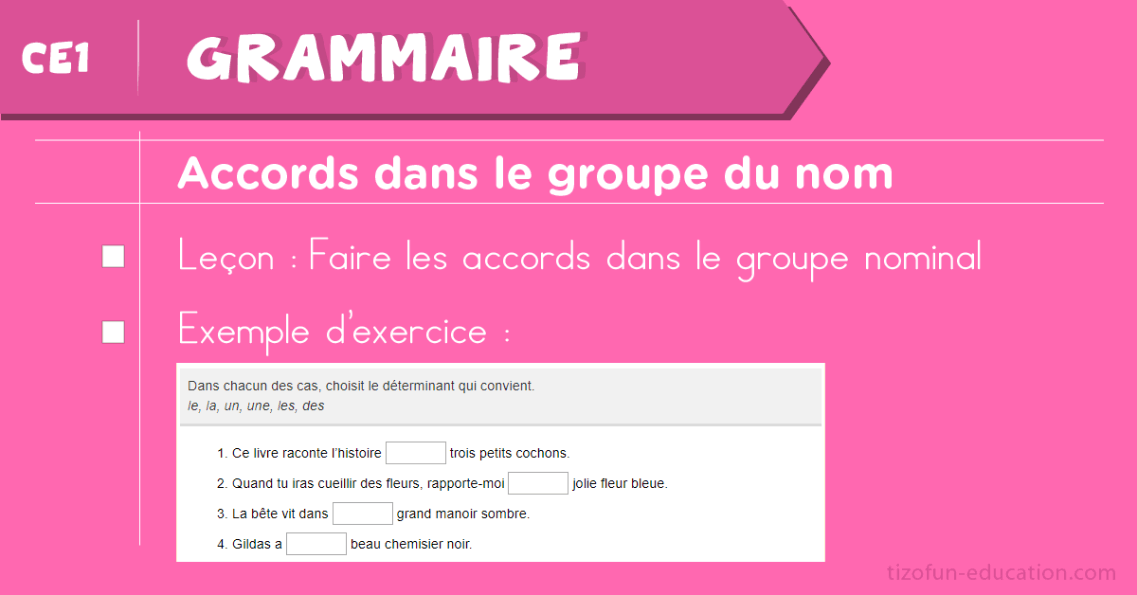 Leçon et Exercices sur les Accords dans le Groupe du Nom au CE1 - Grammaire CE1: Accords du Groupe Nominal (GN)