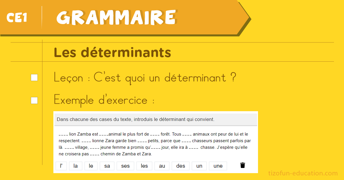 Leçon et Exercices sur les Déterminants - Grammaire CE1 