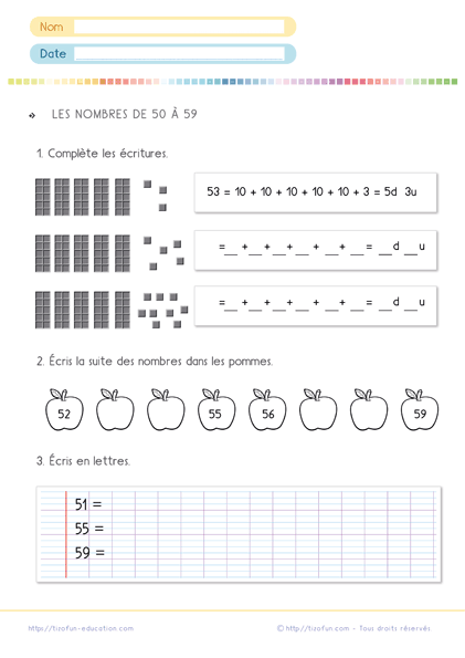Maîtriser les nombres de 50 à 59