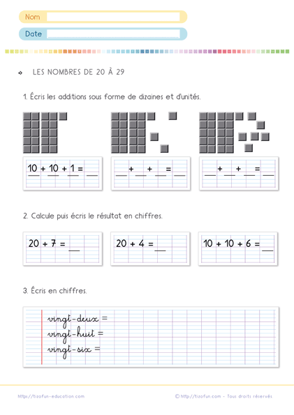Les nombres de 20 à 29