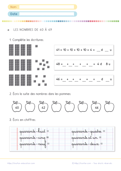 Connaitre les nombres de 40 à 49